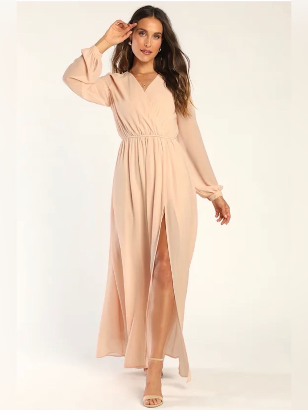 Lulu's Soft Blush Long-Sleeve V-Neck Maxi Dress